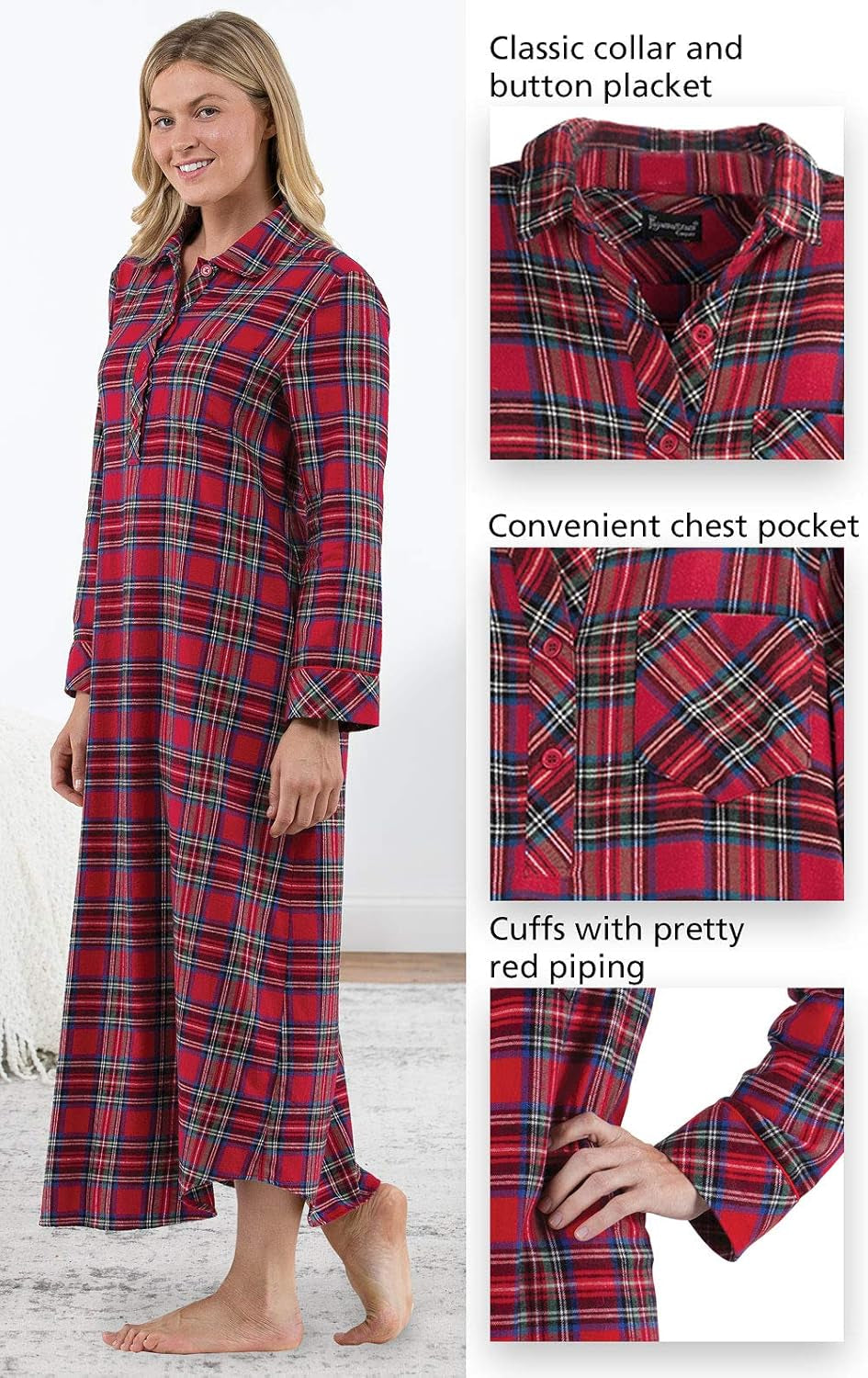 Long Flannel Nightgown - Women Nightgown, Plaid