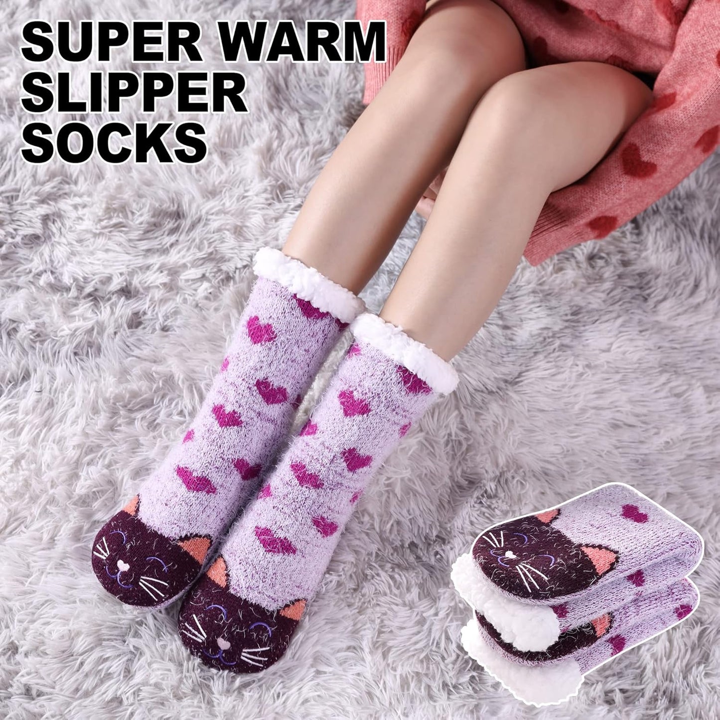 Womens Super Soft Cute Cartoon Animal Fuzzy Cozy Non-Slip Winter Slipper Socks