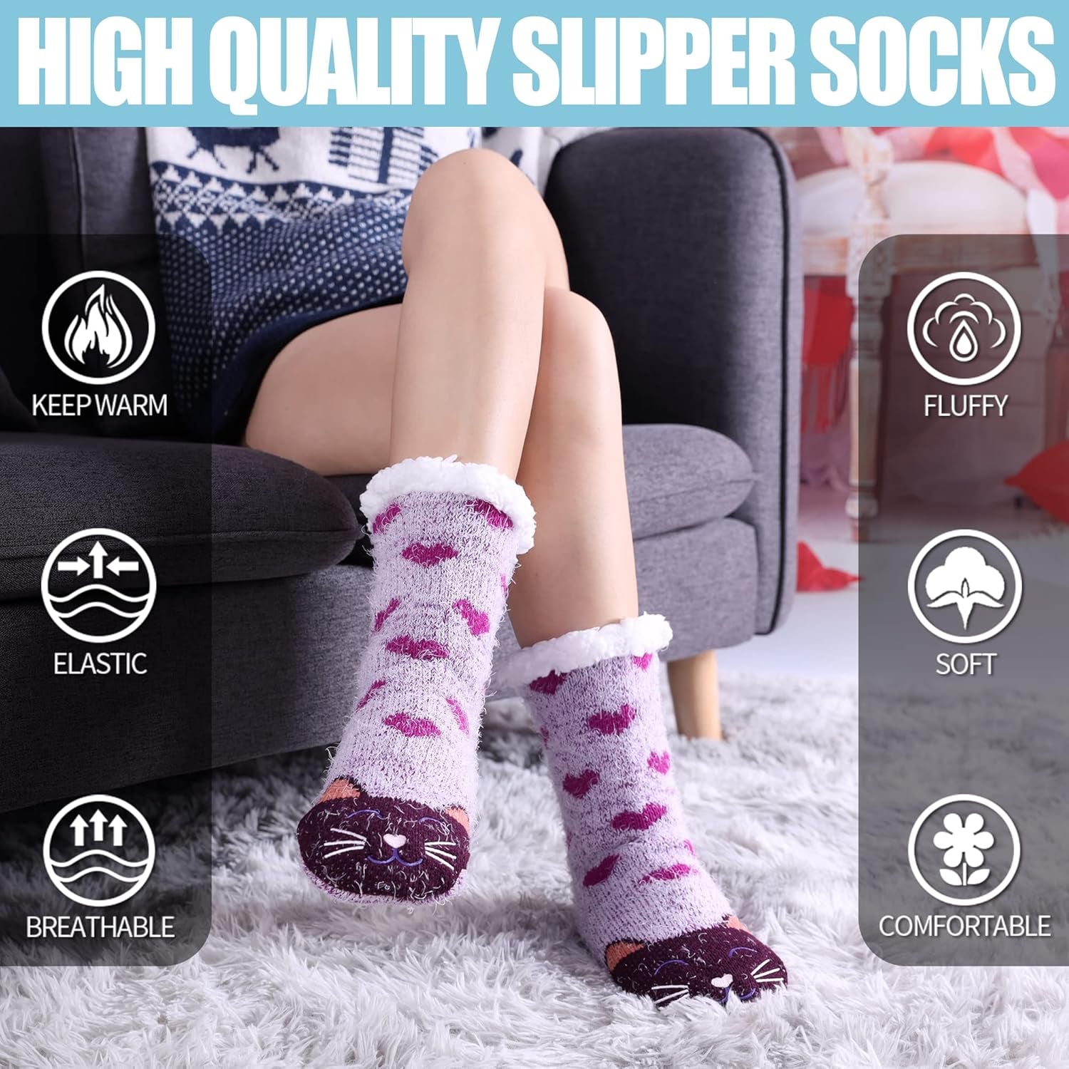 Womens Super Soft Cute Cartoon Animal Fuzzy Cozy Non-Slip Winter Slipper Socks