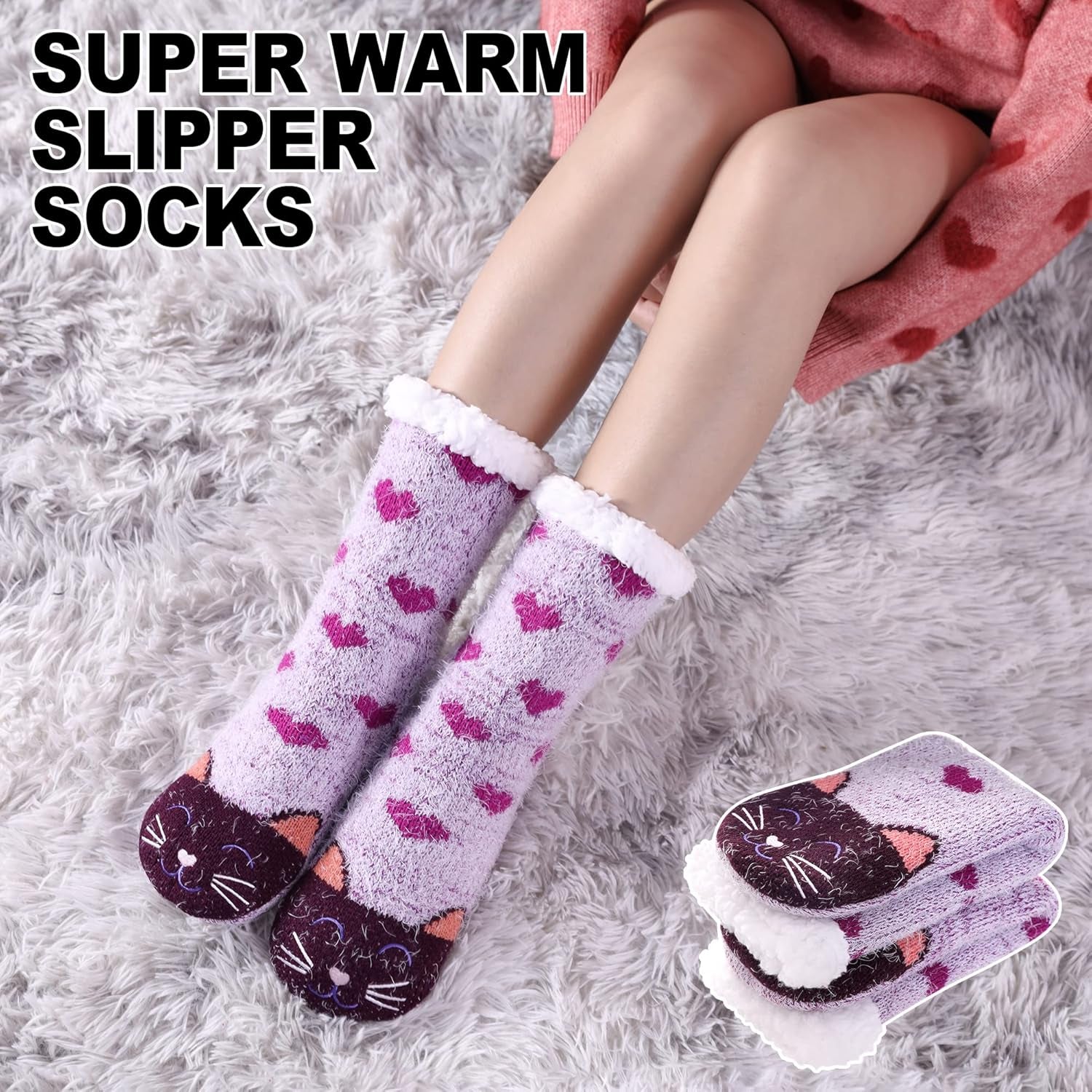 Womens Super Soft Cute Cartoon Animal Fuzzy Cozy Non-Slip Winter Slipper Socks